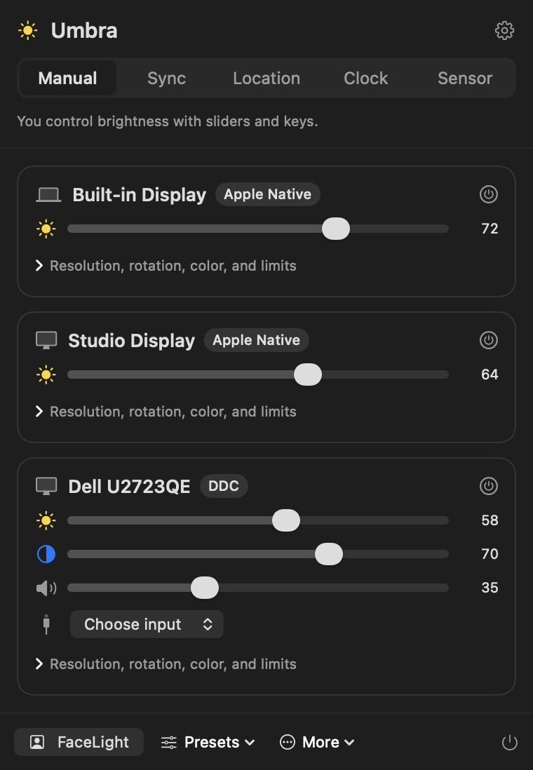 Umbra's menu in dark mode, with brightness, contrast, and volume sliders for three screens