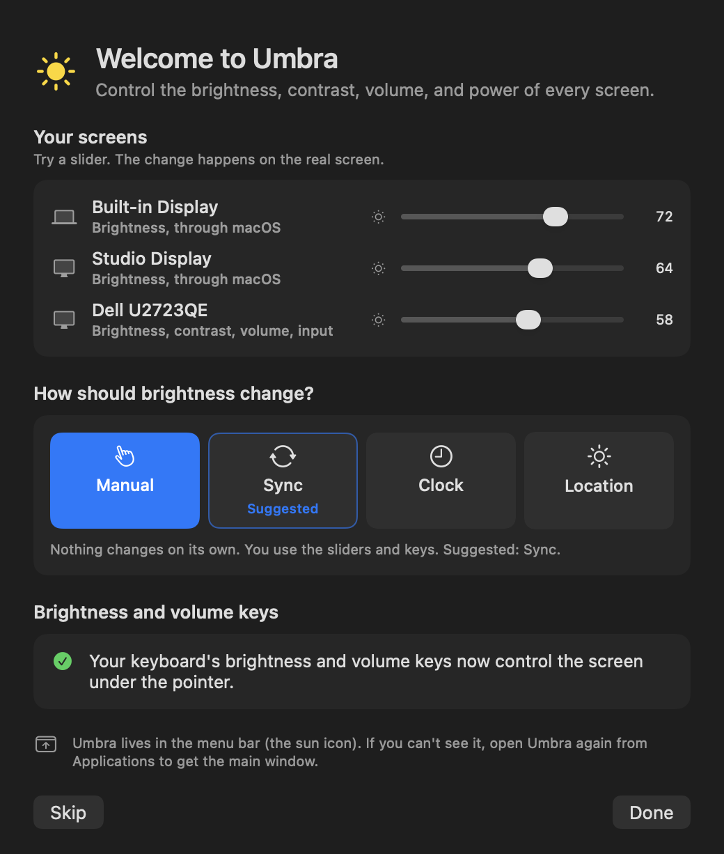 Umbra's welcome window in dark mode, listing the screens it found and a suggested mode